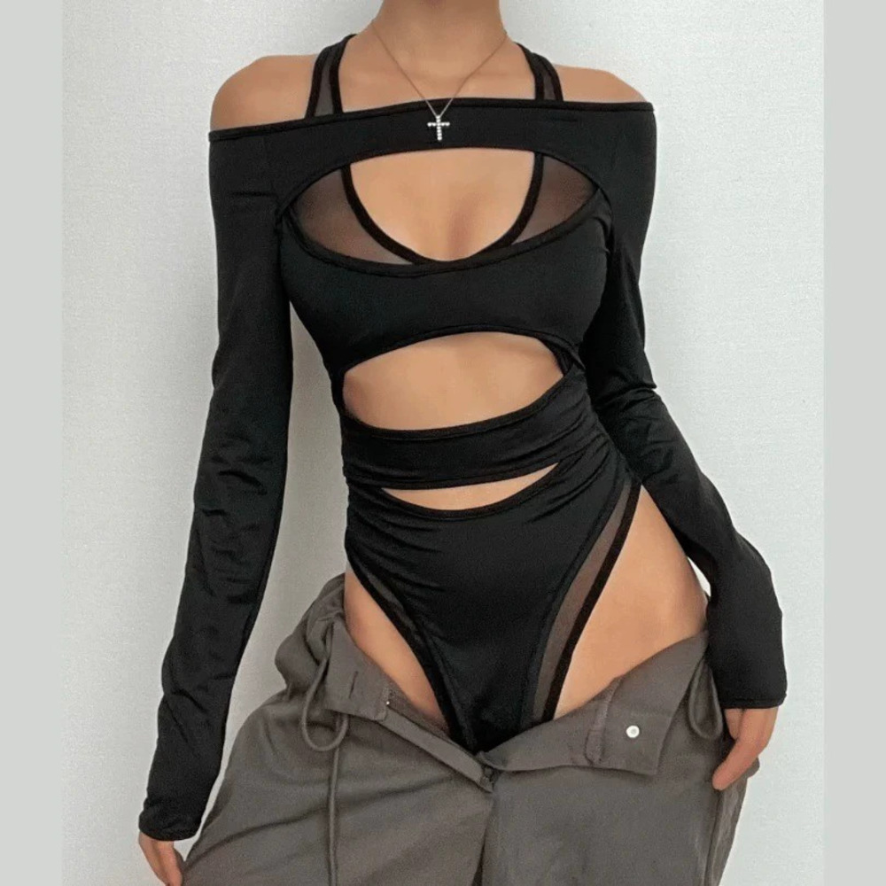 Zara Mesh Panel Long Sleeve Cutout Crop Bodysuit